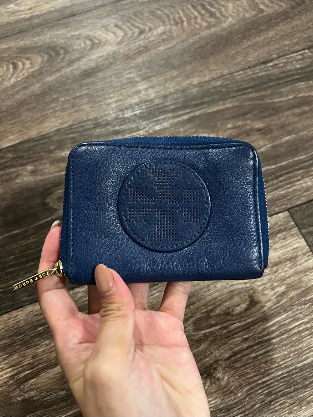 Tory Burch Navy Perforated Logo Leather Zip Card Wallet